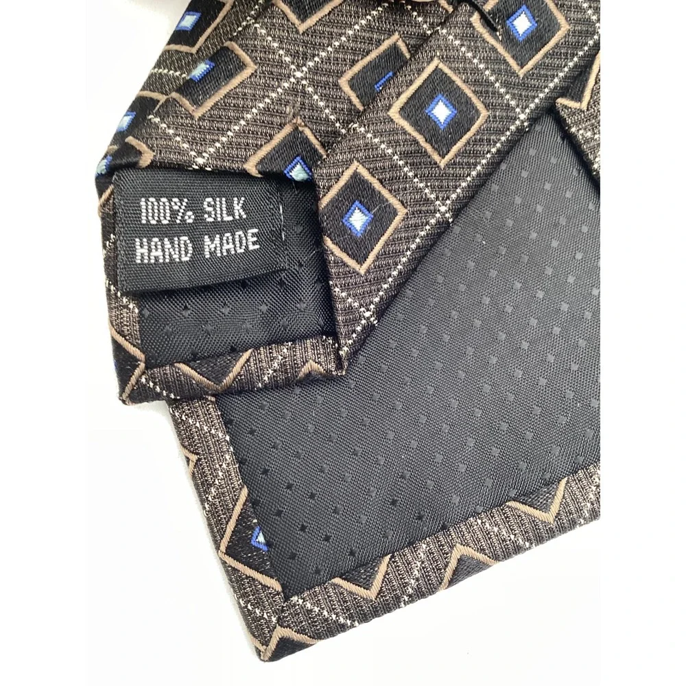 Siena Collezione Mens Silk‎ Necktie Brown Blue Geometric Square Hand Made Tie